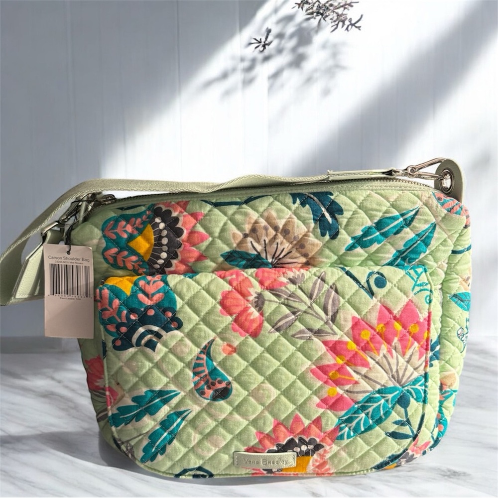NWT Vera Bradley Mint Flowers Carson Shoulder Crossbody Bag Cotton